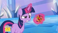 Size: 2048x1151 | Tagged: safe, official, screencap, character:twilight sparkle, character:twilight sparkle (unicorn), species:pony, species:unicorn, 1983, angry, animation error, crystal palace, female, frustrated, glowing horn, magic, mare, rubik's cube, solo, somehow a unicorn again, telekinesis, youtube link