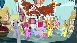 Size: 1278x719 | Tagged: safe, screencap, character:berry punch, character:berryshine, character:carrot top, character:coco crusoe, character:derpy hooves, character:golden harvest, character:lemon hearts, character:pinkie pie, species:earth pony, species:pegasus, species:pony, species:unicorn, episode:yakity-sax, g4, my little pony: friendship is magic, background pony, bunny moon, discovery family logo, female, herd, male, mare, orchid dew, running, scared, stallion, sunshine hearts, wrong eye color, yovidaphone