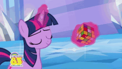 Size: 1280x720 | Tagged: safe, official, screencap, character:pinkie pie, character:spike, character:twilight sparkle, character:twilight sparkle (unicorn), species:dragon, species:earth pony, species:pony, species:unicorn, :o, animated, annoyed, confused, cube, eating, female, frown, glare, grin, gritted teeth, magic, male, mare, my little pony logo, nom, open mouth, pinkie being pinkie, prone, pronking, puffy cheeks, rubik's cube, sitting, smiling, sound, squee, sweat, talking, toy, unamused, wat, webm, youtube link