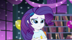 Size: 1280x720 | Tagged: safe, screencap, character:rarity, episode:shake your tail, equestria girls:rainbow rocks, g4, my little pony:equestria girls, balloon, bracelet, crossed arms, female, jewelry, sad, serious, serious face, solo