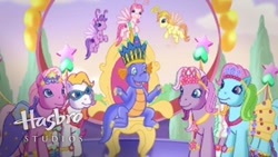 Size: 1920x1080 | Tagged: safe, screencap, character:pinkie pie (g3), character:rainbow dash (g3), character:spike (g3), character:sunny daze (g3), character:tiddlywink, character:tra-la-la, character:wysteria, character:zipzee, species:breezies, episode:the princess promenade, g3, hasbro, hasbro studios, king spike, princess pinkie pie, princess rainbow dash, princess sunny daze, princess wysteria
