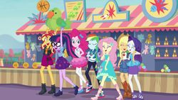 Size: 1920x1080 | Tagged: safe, screencap, character:applejack, character:fluttershy, character:pinkie pie, character:rainbow dash, character:rarity, character:spike, character:sunset shimmer, character:twilight sparkle, character:twilight sparkle (scitwi), species:eqg human, equestria girls:rollercoaster of friendship, g4, my little pony:equestria girls, best friends, boots, clothing, converse, feet, geode of empathy, geode of fauna, geode of shielding, geode of super speed, geode of super strength, geode of telekinesis, humane five, humane seven, humane six, magical geodes, mane seven, mane six, parakeet, plushie, sandals, shipping fuel, shoes, sneakers