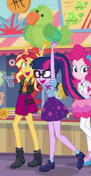 Size: 525x1010 | Tagged: safe, screencap, character:pinkie pie, character:sunset shimmer, character:twilight sparkle, character:twilight sparkle (scitwi), species:eqg human, equestria girls:rollercoaster of friendship, g4, my little pony:equestria girls, cropped, geode of empathy, geode of sugar bombs, geode of telekinesis, parakeet, plushie, ponytail