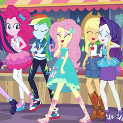 Size: 801x802 | Tagged: safe, screencap, character:applejack, character:fluttershy, character:pinkie pie, character:rainbow dash, character:rarity, equestria girls:rollercoaster of friendship, g4, my little pony:equestria girls, boots, clothing, converse, cropped, eyes closed, feet, geode of fauna, geode of shielding, geode of super speed, geode of super strength, laughing, magical geodes, sandals, shipping fuel, shoes, smiling, sneakers