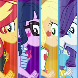 Size: 1082x1078 | Tagged: safe, screencap, character:applejack, character:rarity, character:sunset shimmer, character:twilight sparkle, character:twilight sparkle (scitwi), species:eqg human, equestria girls:rollercoaster of friendship, g4, my little pony:equestria girls, cropped, geode of empathy, geode of shielding, geode of telekinesis, magical geodes