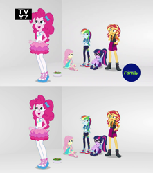 Size: 955x1078 | Tagged: safe, screencap, character:fluttershy, character:pinkie pie, character:rainbow dash, character:sunset shimmer, character:twilight sparkle, character:twilight sparkle (scitwi), species:eqg human, equestria girls:rollercoaster of friendship, g4, my little pony:equestria girls, animated, breaking the fourth wall, comparison, converse, discovery family logo, food, fourth wall, geode of sugar bombs, reversed, salad, shoes, smiling, tv rating, tv-y7