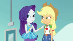 Size: 1920x1080 | Tagged: safe, screencap, character:adagio dazzle, character:applejack, character:rarity, species:siren, equestria girls:rollercoaster of friendship, g4, my little pony:equestria girls, animated, applejack's hat, clothing, costume, cowboy hat, fashion police, geode of shielding, geode of super strength, hat, implied adagio dazzle, sound, webm