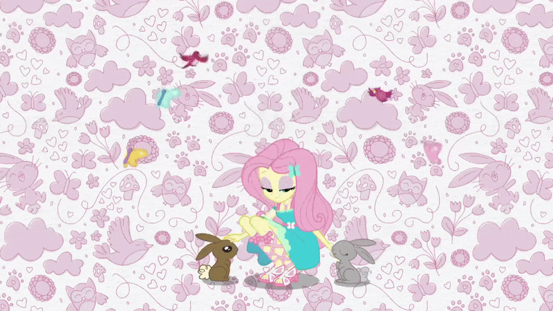 Size: 800x450 | Tagged: safe, screencap, character:fluttershy, character:spike, character:spike (dog), species:bird, species:dog, species:rabbit, my little pony:equestria girls, abstract background, animated, butterfly, cardinal, intro, ponied up, songbird, transformation