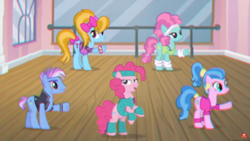 Size: 1920x1080 | Tagged: safe, official, screencap, character:limelight, character:pinkie pie, character:surf, character:turf, species:earth pony, species:pony, dancing, female, flashdancer, male, mare, retro, stallion