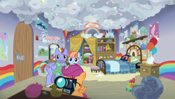 Size: 1280x720 | Tagged: safe, screencap, character:bow hothoof, character:scootaloo, character:windy whistles, species:dragon, species:pegasus, species:pony, episode:parental glideance, g4, my little pony: friendship is magic, balloon, bed, bedroom, blocks, book, bookshelf, camera, castle, cat, dinosaur, globe, musical instrument, narwhal, piggy bank, pillow, pony toy, poster, rainbow, rubber duck, stars, teddy bear, tortoise, toy car, tuba