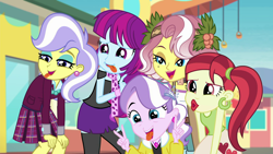 Size: 1920x1080 | Tagged: safe, screencap, character:diamond tiara, character:mystery mint, character:upper crust, character:vignette valencia, equestria girls:rollercoaster of friendship, g4, my little pony:equestria girls, clothing, crystal prep academy uniform, me my selfie and i, peace sign, rose heart, school uniform, silly face, tongue out, vignette valencia