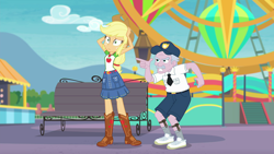 Size: 1920x1080 | Tagged: safe, screencap, character:applejack, equestria girls:rollercoaster of friendship, g4, my little pony:equestria girls, background human, cloud, police, police brutality, police officer, police profiling, profiling, seat, stanley excelsior