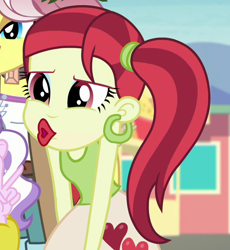 Size: 672x729 | Tagged: safe, screencap, character:diamond tiara, character:vignette valencia, equestria girls:rollercoaster of friendship, g4, my little pony:equestria girls, cropped, duckface, rose heart, solo focus, vignette valencia