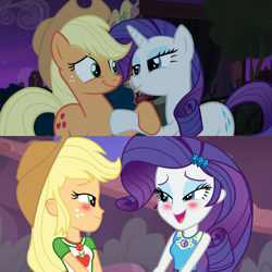 Size: 1080x1080 | Tagged: safe, screencap, character:applejack, character:rarity, episode:made in manehattan, equestria girls:rollercoaster of friendship, g4, my little pony: friendship is magic, my little pony:equestria girls, blushing, comparison, context is for the weak, duo, female, geode of shielding, geode of super strength, just friends, out of context, shipping fuel