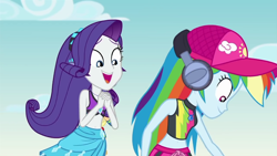 Size: 1280x720 | Tagged: safe, screencap, character:rainbow dash, character:rarity, episode:lost and found, g4, my little pony:equestria girls, belly button, clothing, cute, duo, duo female, female, geode of shielding, geode of super speed, hat, headphones, huggable, magical geodes, raribetes