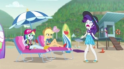Size: 1280x720 | Tagged: safe, screencap, character:applejack, character:rainbow dash, character:rarity, episode:lost and found, g4, my little pony:equestria girls, clothing, geode of shielding, geode of super speed, geode of super strength, magical geodes, swimsuit