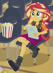 Size: 379x516 | Tagged: safe, screencap, character:sunset shimmer, episode:stressed in show, g4, my little pony:equestria girls, cropped, crossed legs, food, geode of empathy, popcorn