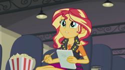 Size: 1280x720 | Tagged: safe, screencap, character:sunset shimmer, episode:stressed in show, g4, my little pony:equestria girls, food, geode of empathy, pencil, popcorn, solo