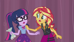 Size: 1280x720 | Tagged: safe, screencap, character:sunset shimmer, character:twilight sparkle, character:twilight sparkle (scitwi), species:eqg human, episode:stressed in show, g4, my little pony:equestria girls, geode of empathy, geode of telekinesis