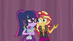 Size: 1280x720 | Tagged: safe, screencap, character:sunset shimmer, character:twilight sparkle, character:twilight sparkle (scitwi), species:eqg human, episode:stressed in show, g4, my little pony:equestria girls
