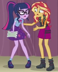 Size: 394x487 | Tagged: safe, screencap, character:sunset shimmer, character:twilight sparkle, character:twilight sparkle (scitwi), species:eqg human, episode:stressed in show, g4, my little pony:equestria girls, cropped, female, geode of empathy, geode of telekinesis