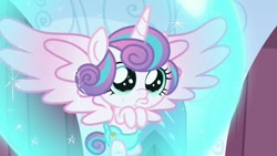 Size: 1024x576 | Tagged: safe, screencap, character:princess flurry heart, species:alicorn, species:pony, episode:the crystalling, g4, my little pony: friendship is magic, about to cry, baby, baby alicorn, baby flurry heart, baby pony, bubble, cloth diaper, crying, cute, dawwww, diaper, diapered, diapered filly, female, filly, foal, force field, infant, light pink diaper, sad, sad eyes, safety pin, solo, spread wings, teary eyes, weapons-grade cute, wings