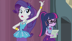 Size: 1280x720 | Tagged: safe, screencap, character:rarity, character:twilight sparkle, character:twilight sparkle (scitwi), species:eqg human, episode:stressed in show, g4, my little pony:equestria girls, armpits, duo, duo female, female, geode of shielding, geode of telekinesis
