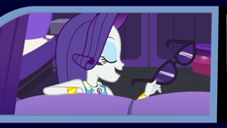 Size: 1280x720 | Tagged: safe, screencap, character:rarity, episode:driving miss shimmer, g4, my little pony:equestria girls, driving miss shimmer: rarity, eyes closed, eyeshadow, limousine, makeup, solo, sunglasses