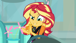 Size: 1280x720 | Tagged: safe, screencap, character:sunset shimmer, episode:driving miss shimmer, g4, my little pony:equestria girls, driving miss shimmer: fluttershy, female, fluttershy's car, solo