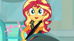 Size: 1280x720 | Tagged: safe, screencap, character:sunset shimmer, episode:driving miss shimmer, g4, my little pony:equestria girls, cute, driving miss shimmer: fluttershy, female, fluttershy's car, seatbelt, shimmerbetes, smiling, solo, steering wheel