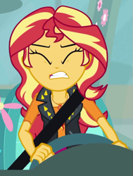 Size: 489x648 | Tagged: safe, screencap, character:sunset shimmer, episode:driving miss shimmer, g4, my little pony:equestria girls, cropped, driving miss shimmer: fluttershy, female, geode of empathy, seatbelt, solo, steering wheel
