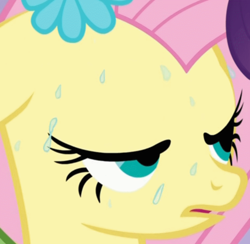 Size: 946x924 | Tagged: safe, screencap, character:fluttershy, character:rarity, episode:suited for success, g4, my little pony: friendship is magic, season 1, clothing, cropped, dress, gala dress, lidded eyes, out of context, solo, solo focus, sweat, sweating profusely, zoomed in