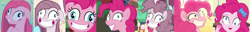 Size: 5224x676 | Tagged: safe, screencap, character:pinkamena diane pie, character:pinkie pie, species:pony, episode:overpowered, episode:p.p.o.v. (pony point of view), episode:party of one, episode:yakity-sax, g4, my little pony: friendship is magic, my little pony: the movie (2017), my little pony:equestria girls, collage, contemplating insanity, derp, evolution, faec, female, happiness, happy, mare, pink, smiling, week