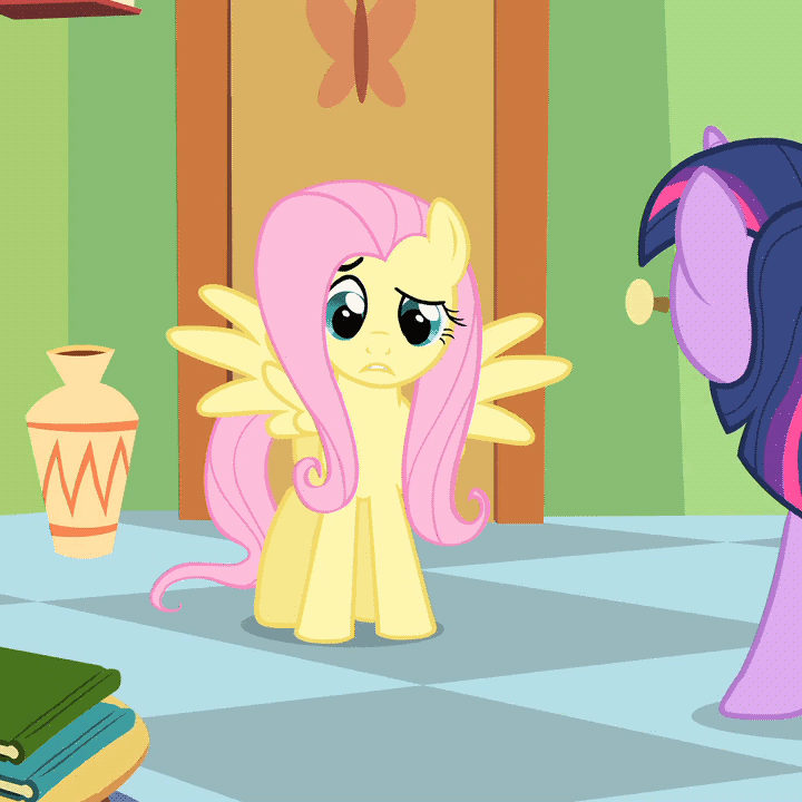Size: 720x720 | Tagged: safe, screencap, character:fluttershy, character:twilight sparkle, episode:green isn't your color, g4, my little pony: friendship is magic, animated, book, cropped, frustrated, gif, i could just kick something, kick, kicking, stamping hoof, vase, wobble