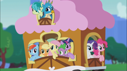 Size: 1920x1078 | Tagged: safe, official, screencap, character:applejack, character:fluttershy, character:gallus, character:pinkie pie, character:rainbow dash, character:rarity, character:sandbar, character:spike, character:twilight sparkle, character:twilight sparkle (alicorn), species:alicorn, species:pony, cute, foal house, full house, gallabetes, mane seven, mane six, parody, sandabetes, smiling, tram, youtube link