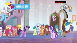 Size: 1920x1080 | Tagged: safe, screencap, character:applejack, character:discord, character:fluttershy, character:gallus, character:ocellus, character:pinkie pie, character:rainbow dash, character:rarity, character:sandbar, character:silverstream, character:smolder, character:spike, character:starlight glimmer, character:twilight sparkle, character:twilight sparkle (alicorn), character:yona, species:alicorn, species:dragon, species:pony, episode:a matter of principals, g4, my little pony: friendship is magic, boomerang (tv channel), mane six, messy, student six, winged spike