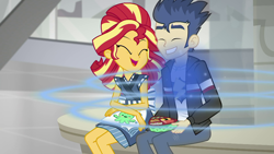 Size: 1920x1080 | Tagged: safe, screencap, character:flash sentry, character:sunset shimmer, episode:good vibes, eqg summertime shorts, g4, my little pony:equestria girls, cute, diasentres, happy, one eye closed, shipping fuel, smiling, song