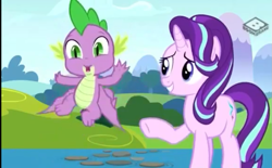 Size: 1161x720 | Tagged: safe, screencap, character:spike, character:starlight glimmer, species:dragon, species:pony, species:unicorn, episode:a matter of principals, g4, my little pony: friendship is magic, boomerang (tv channel), smiling, winged spike, wings