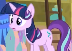 Size: 859x611 | Tagged: safe, screencap, character:starlight glimmer, species:pony, species:unicorn, episode:a matter of principals, g4, my little pony: friendship is magic, blurry, cropped, female, ladder, mane, mare, not twilight sparkle, solo, starlight sparkle, twilight wig, wig