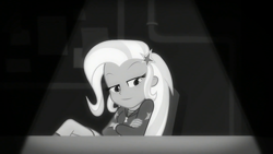 Size: 1280x720 | Tagged: safe, screencap, character:trixie, episode:rarity investigates: the case of the bedazzled boot, g4, my little pony:equestria girls, black and white, confident, crossed arms, crossed legs, female, grayscale, monochrome, noir, rarity investigates (eqg): trixie, smiling, smirk, smug, solo