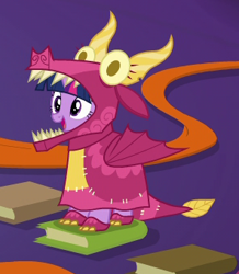 Size: 296x340 | Tagged: safe, screencap, character:twilight sparkle, character:twilight sparkle (alicorn), species:alicorn, species:pony, episode:uncommon bond, g4, my little pony: friendship is magic, board game, book, cute, dragon costume, dragon pit, solo, twiabetes