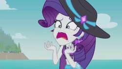 Size: 1280x720 | Tagged: safe, screencap, character:rarity, episode:lost and found, g4, my little pony:equestria girls, animated, clothing, drama queen, ear piercing, earring, female, geode of shielding, hat, jewelry, marshmelodrama, mood swing, piercing, rarity being rarity, solo, sound, sun hat, swimsuit, webm