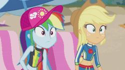 Size: 1280x720 | Tagged: safe, screencap, character:applejack, character:rainbow dash, episode:lost and found, g4, my little pony:equestria girls, animated, clothing, geode of super speed, geode of super strength, implied rarity, sound, swimsuit, webm