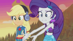 Size: 1280x720 | Tagged: safe, screencap, character:applejack, character:rarity, episode:lost and found, g4, my little pony:equestria girls, animated, clothing, duo, geode of shielding, geode of super strength, sound, swimsuit, webm