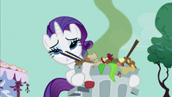 Size: 1280x720 | Tagged: safe, screencap, character:rarity, species:pony, species:unicorn, episode:party of one, g4, my little pony: friendship is magic, female, hoof hold, mare, solo, this will end in tears, trash can, visible stench