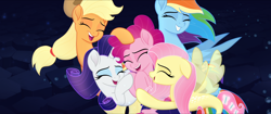 Size: 1920x808 | Tagged: safe, screencap, character:applejack, character:fluttershy, character:pinkie pie, character:rainbow dash, character:rarity, species:pony, species:seapony (g4), my little pony: the movie (2017), clothing, eyes closed, fin wings, group hug, hat, horn, hug, mane five, sea ponies, seaponified, seapony applejack, seapony fluttershy, seapony pinkie pie, seapony rainbow dash, seapony rarity, species swap, underwater