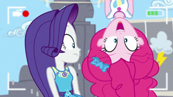 Size: 1280x720 | Tagged: safe, screencap, character:pinkie pie, character:rarity, episode:best trends forever, g4, my little pony:equestria girls, best trends forever: pinkie pie, bow, camera shot, cute, diapinkes, female, geode of shielding, geode of sugar bombs, in which pinkie pie forgets how to gravity, magical geodes, pinkie being pinkie, pinkie physics, shocked expression, upside down, upside down face, video camera