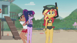 Size: 1280x720 | Tagged: safe, screencap, character:sunset shimmer, character:timber spruce, character:twilight sparkle, character:twilight sparkle (scitwi), species:eqg human, episode:unsolved selfie mysteries, g4, my little pony:equestria girls, animated, clothing, embarrassed, geode of empathy, geode of telekinesis, lifeguard timber, ponytail, snorkel, sound, swimsuit, webm, whistling