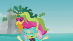 Size: 1280x720 | Tagged: safe, screencap, character:fluttershy, episode:unsolved selfie mysteries, g4, my little pony:equestria girls, animated, clothing, floaty, snorkel, solo, sound, swimsuit, webm, wet, wet hair, wetsuit