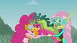 Size: 1280x720 | Tagged: safe, screencap, character:fluttershy, character:pinkie pie, episode:unsolved selfie mysteries, g4, my little pony:equestria girls, animated, clothing, cute, diapinkes, floaty, geode of fauna, geode of sugar bombs, sound, swimsuit, webm, wetsuit